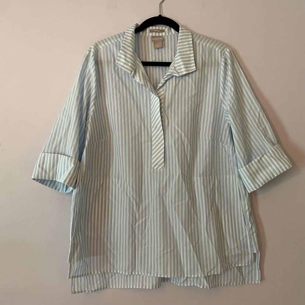 Chico's Blue White Stripe Popover 3/4 Sleeve Shirt Beach Preppy Women 2 / Large